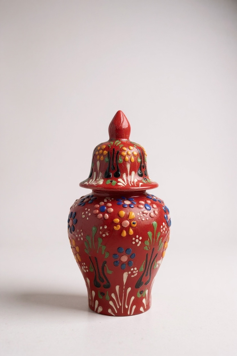 El Yapımı Çiçek Motifli 15Cm Kırmızı Şah Küp Çini Vazo