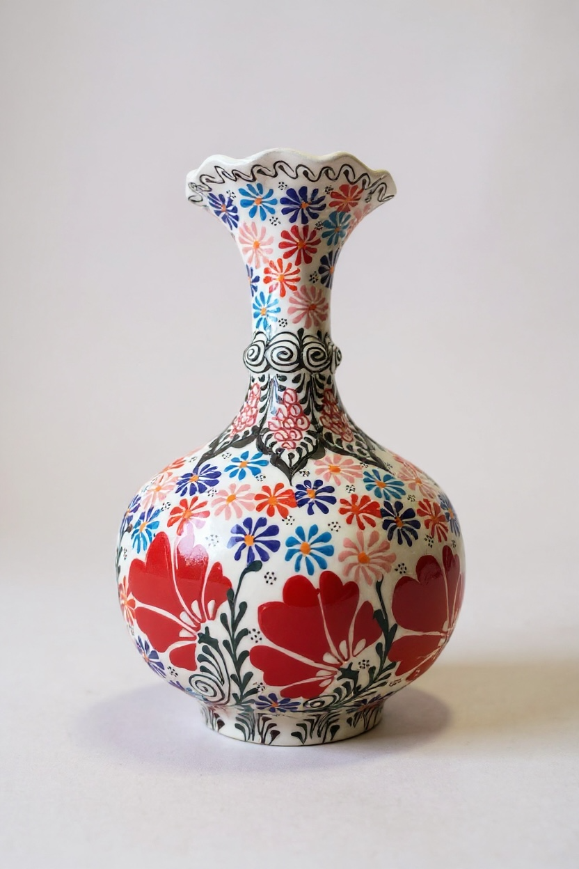 El Yapımı Dantel İşçilikli 30Cm Karanfil Motifli Marul Çini Vazo