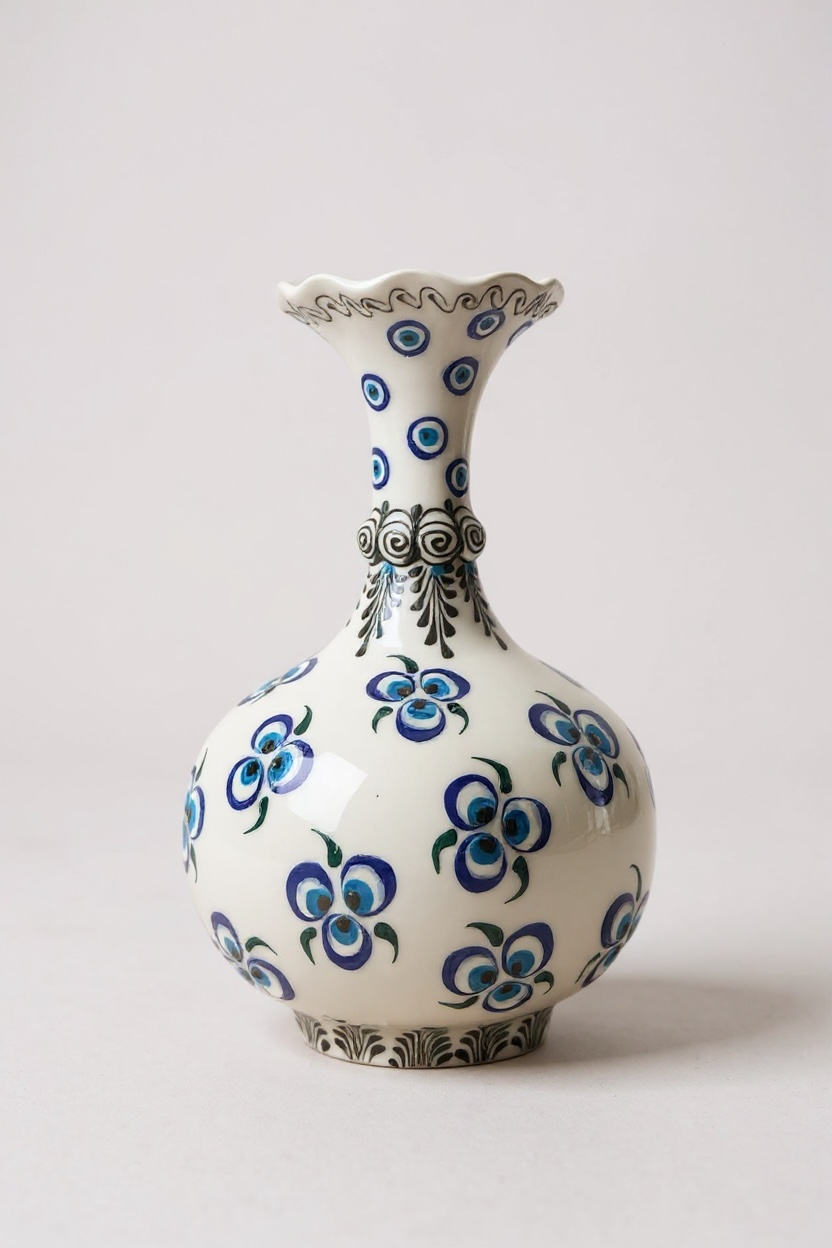 El Boyaması Nazar Boncuğu İşlemeli 30Cm Marul Çini Vazo