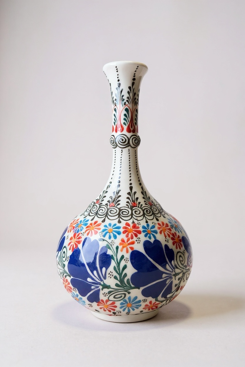 El Yapımı Dantel İşçiliği Karanfil Motifli 30Cm Beyaz Gözyaşı Çini Vazo