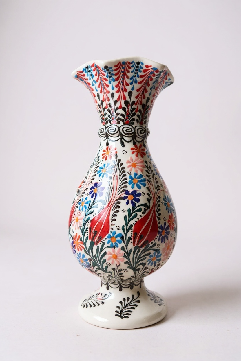 El Yapımı Dantel İşçiliği 30Cm Lale Motifli Beyaz Sümbül Çini Vazo