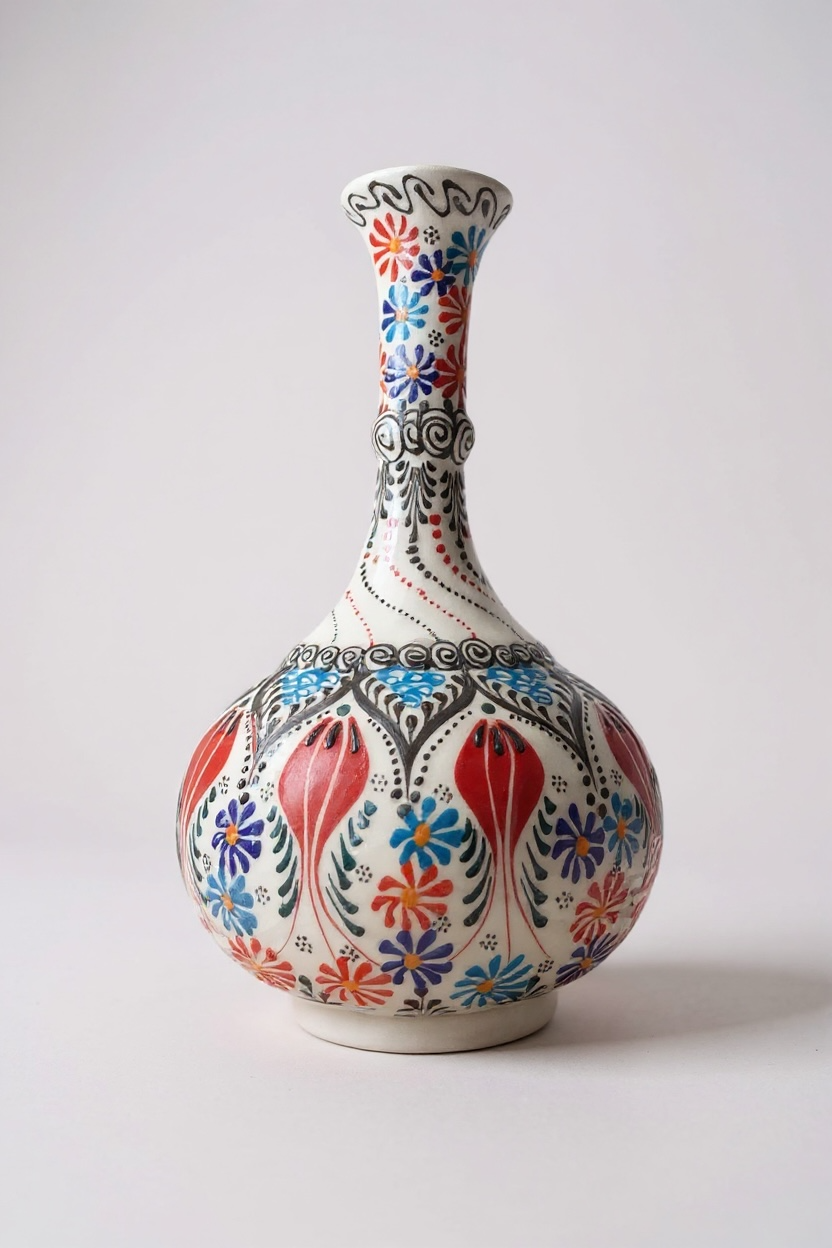 El Yapımı 30Cm Dantel İşçiliği Ters Lale Motifli Beyaz Gözyaşı Çini Vazo