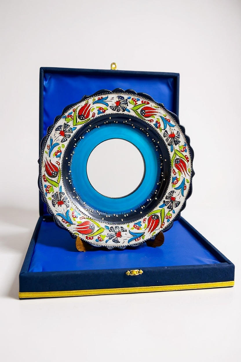 Kişiye Özel Kadife Kutulu El Yapımı 30Cm Mavi Çini Fotoğraf Tabağı