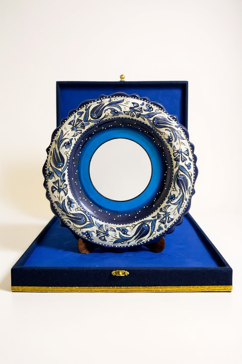 Kişiye Özel Kadife Kutulu El Yapımı 30Cm Lacivert Beyaz Çini Fotoğraf Tabağı
