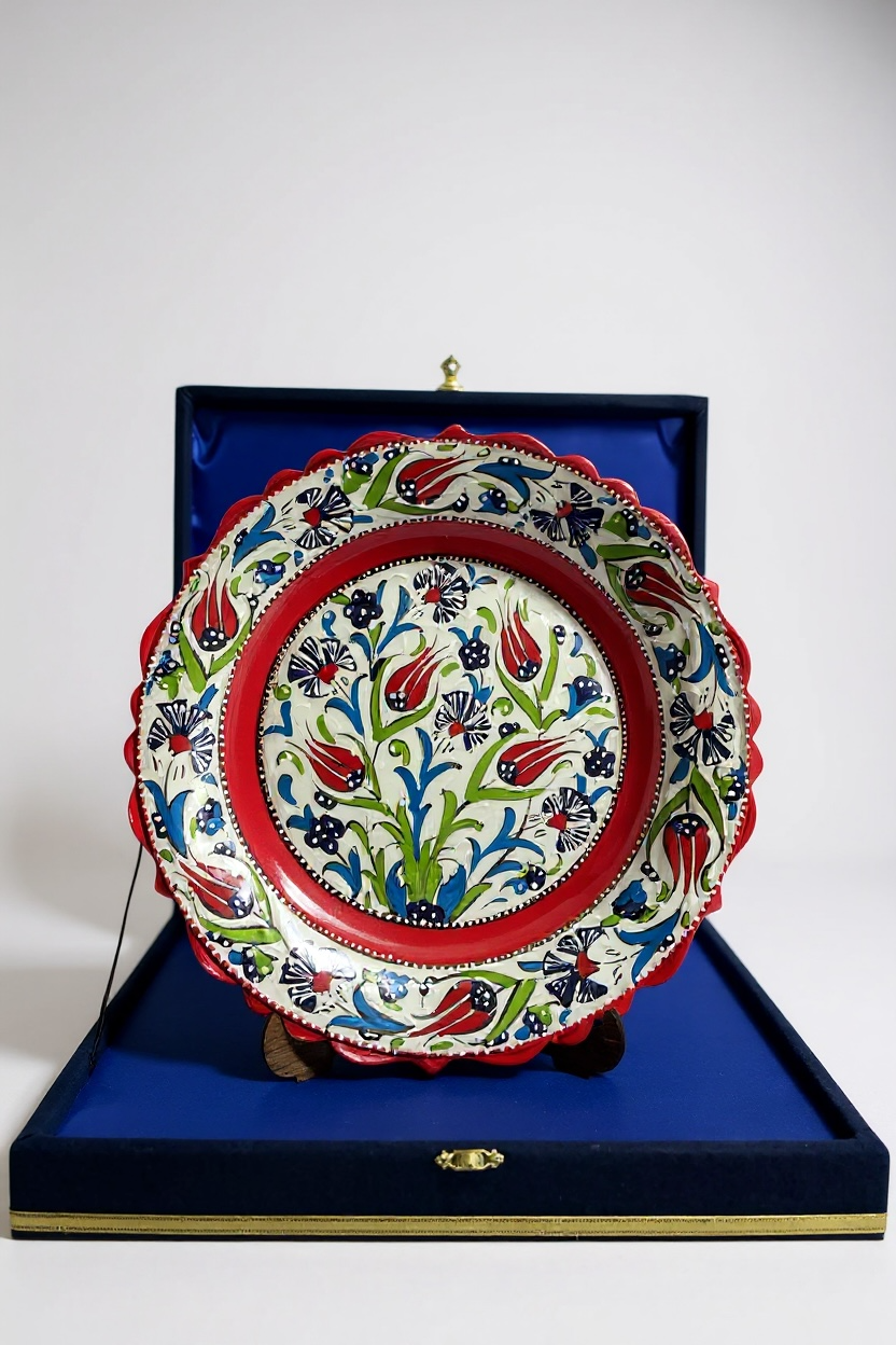 Kadife Kutulu El Yapımı Samur İşçiliği Kırmızı 30Cm Çini Tabak