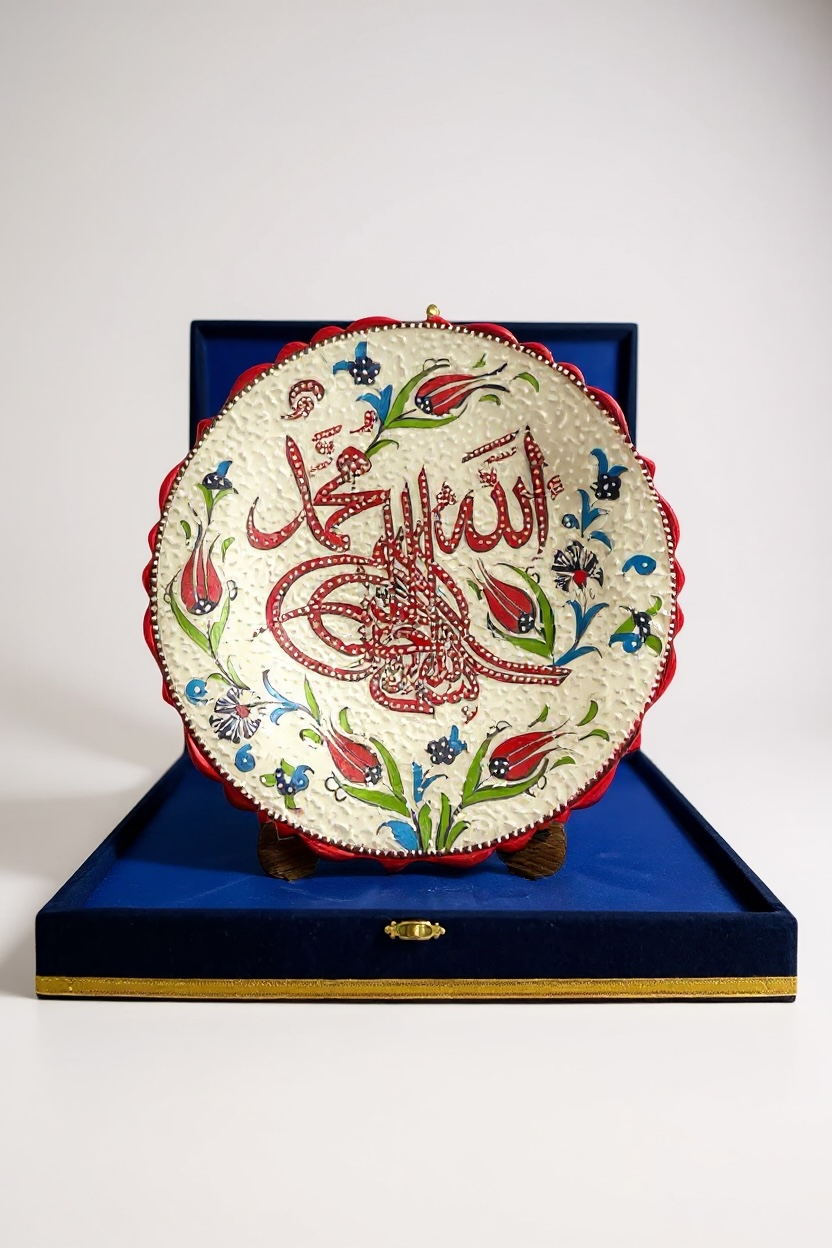 Kadife Kutulu El Yapımı 30Cm Allah Muhammed Lafzı ve Osmanlı Turalı Kırmızı Çini Tabak
