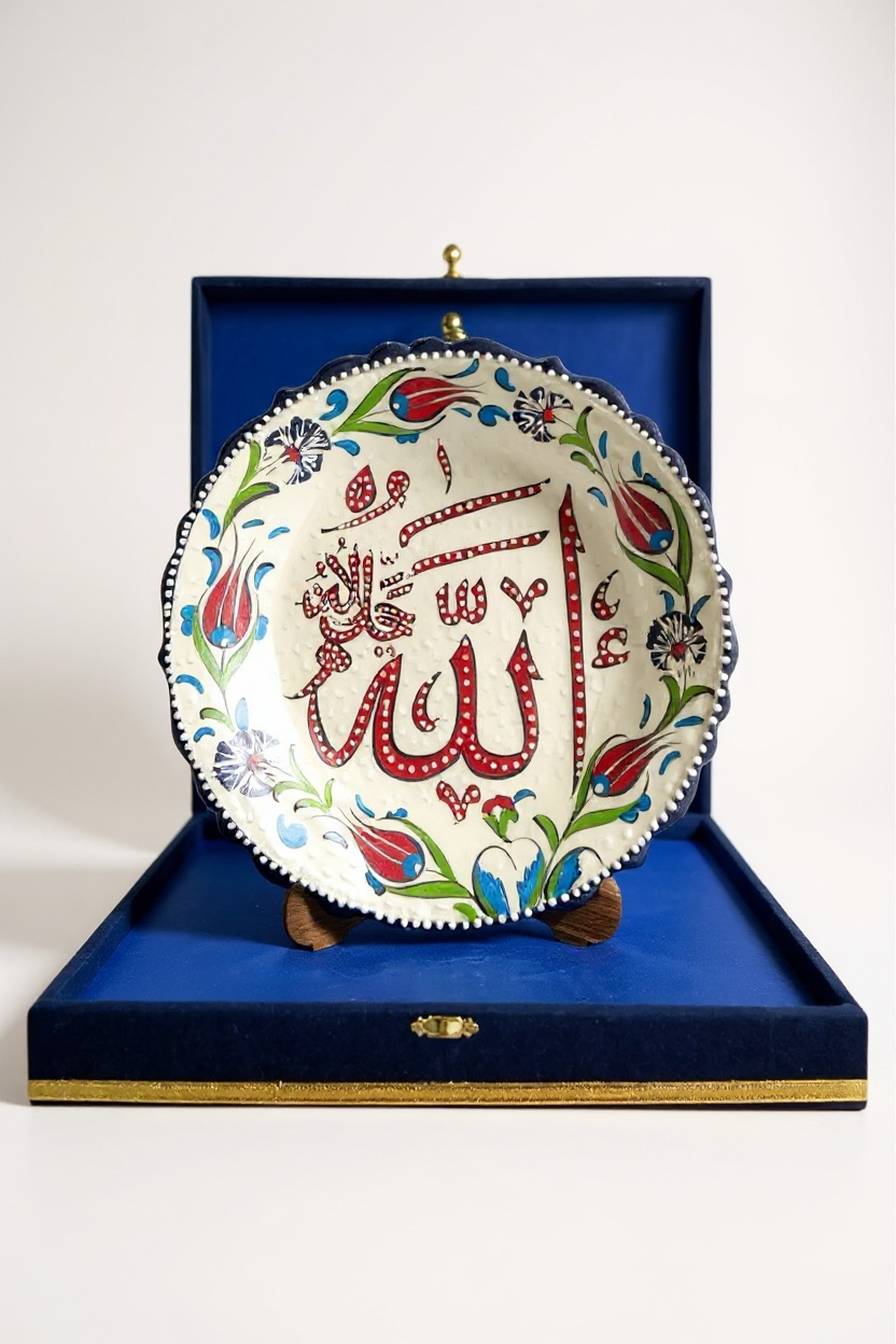 Kadife Kutulu El Yapımı 30Cm Allah Muhammed Lafzı Yazılı Mavi Çini Tabak
