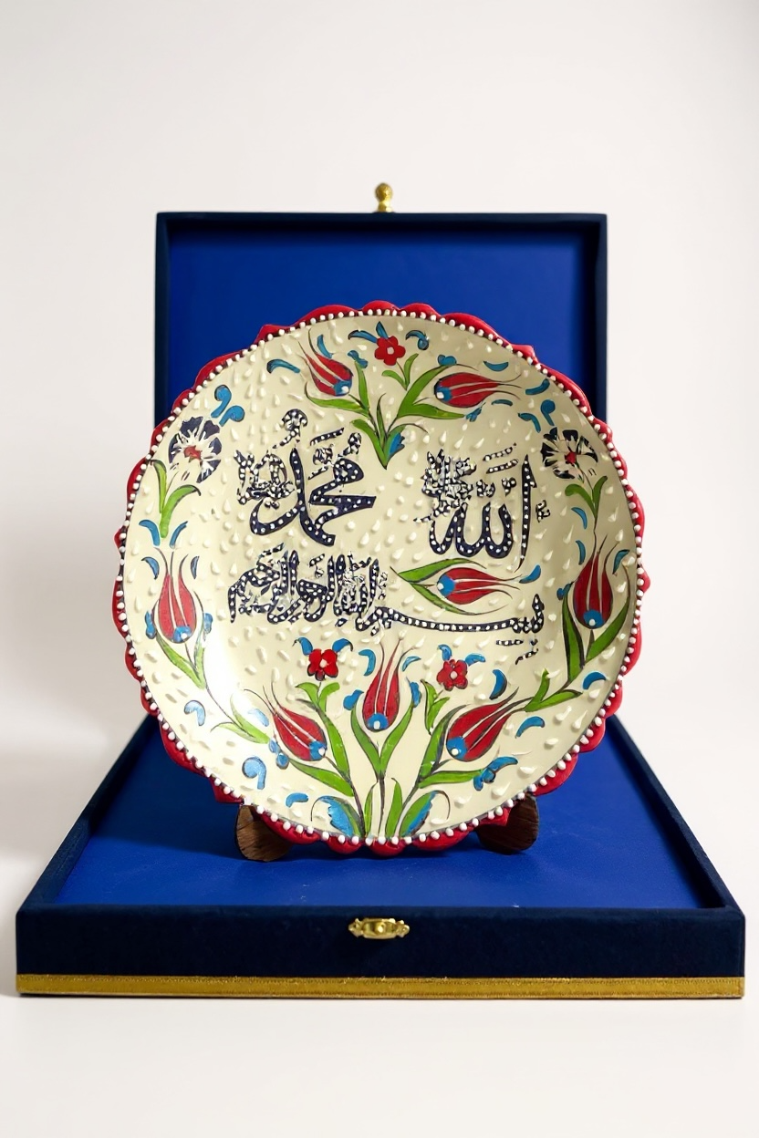 Kadife Kutulu El Yapımı Allah – Muhammed ve “Bismillahirrahmanirrahim” Yazılı Kırmızı Çini Tabak (30 Cm)
