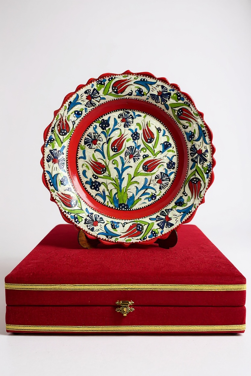 Kırmızı Kadife Kutulu El Yapımı 30Cm Samur İşçiliği Kırmızı Çini Tabak