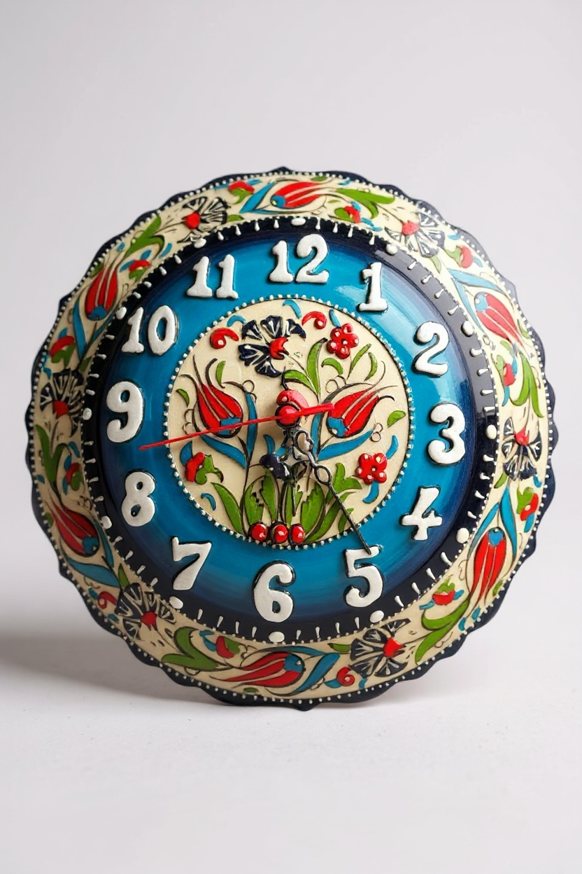 El Yapımı Samur İşçilikli 30Cm Mavi Çini Duvar Saati