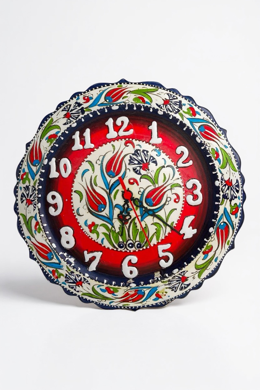 El Yapımı Samur İşçilikli 30Cm Kırmızı Çini Duvar Saati