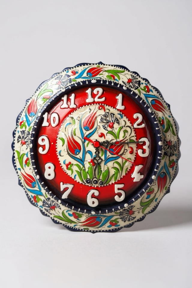 El Yapımı Samur İşçilikli 30Cm Kırmızı Çini Duvar Saati