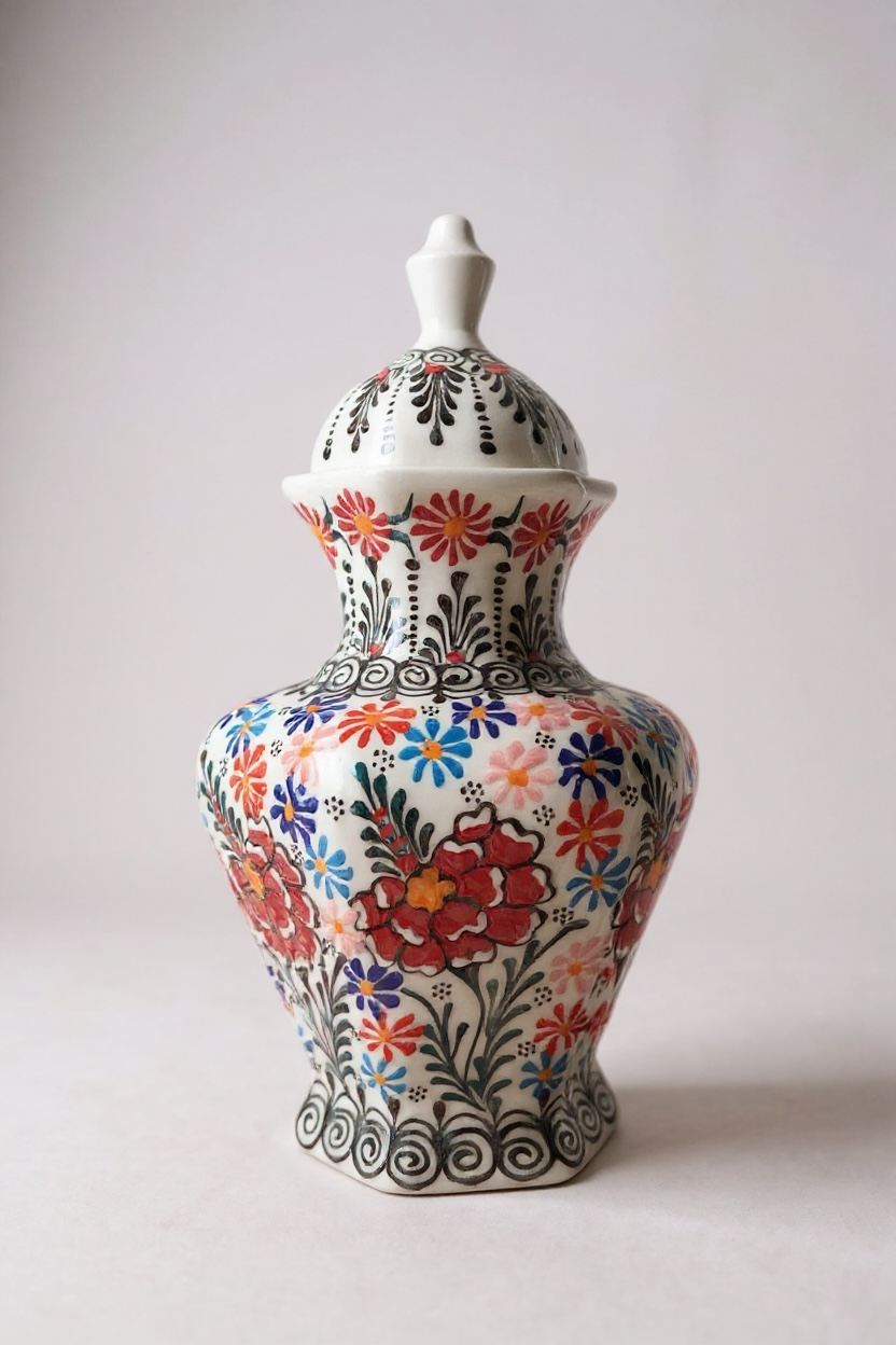 El Yapımı Dantel İşçiliği 30Cm Beyaz Altıgen Küp Çini Vazo