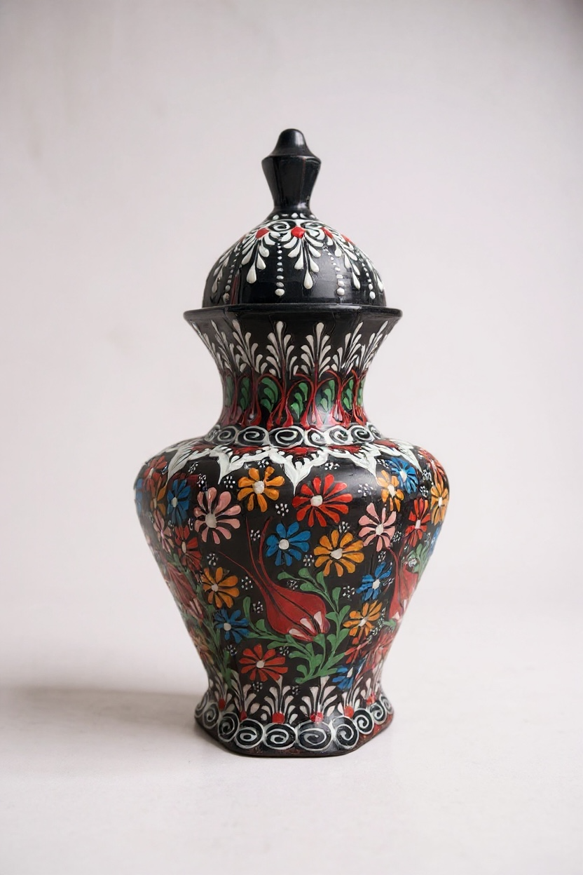 El Yapımı Dantel İşçiliği 30Cm Siyah Altıgen Küp Çini Vazo