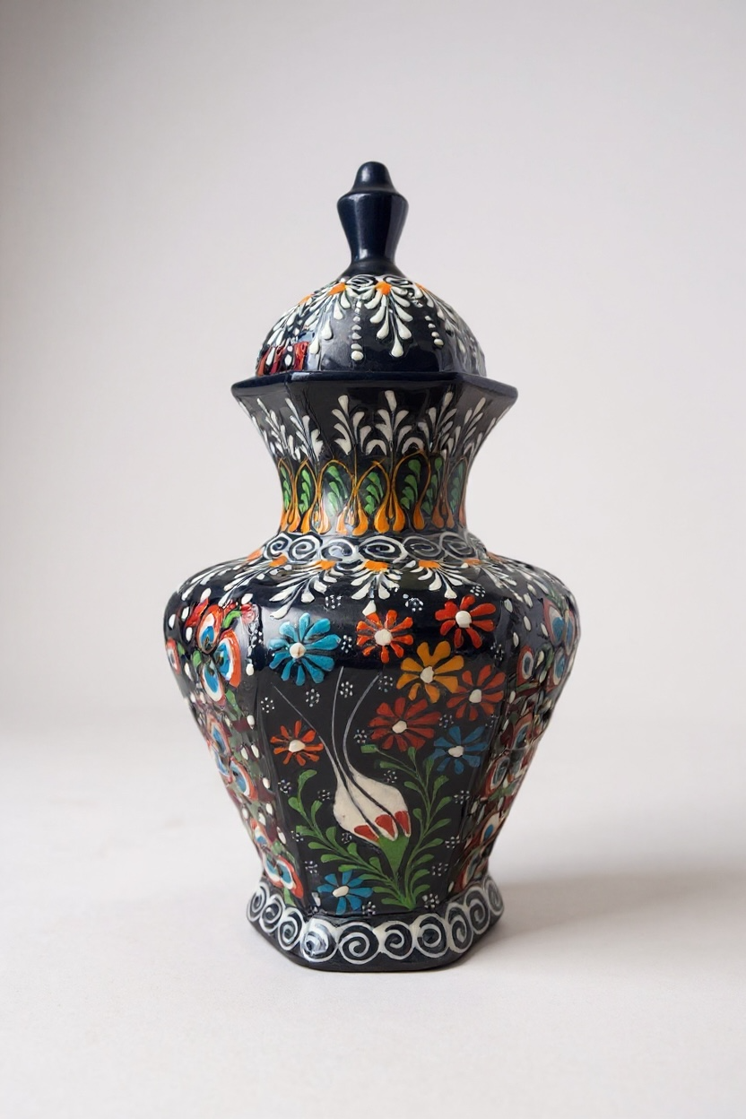 El Yapımı Dantel İşçiliği 30Cm Lacivert Altıgen Küp Çini Vazo