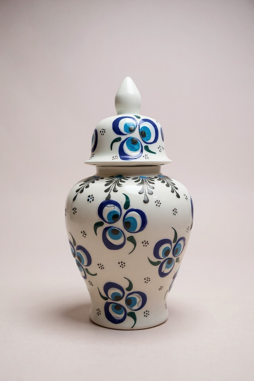 El Yapımı 25Cm Nazar Boncuğu Motifli Beyaz Şah Küp Çini Vazo