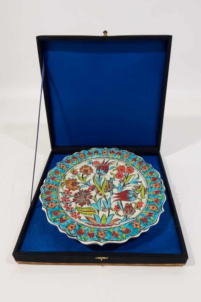 Kadife Kutulu El Yapımı Özel Samur İşçiliği 30Cm Turkuaz Çini Tabak