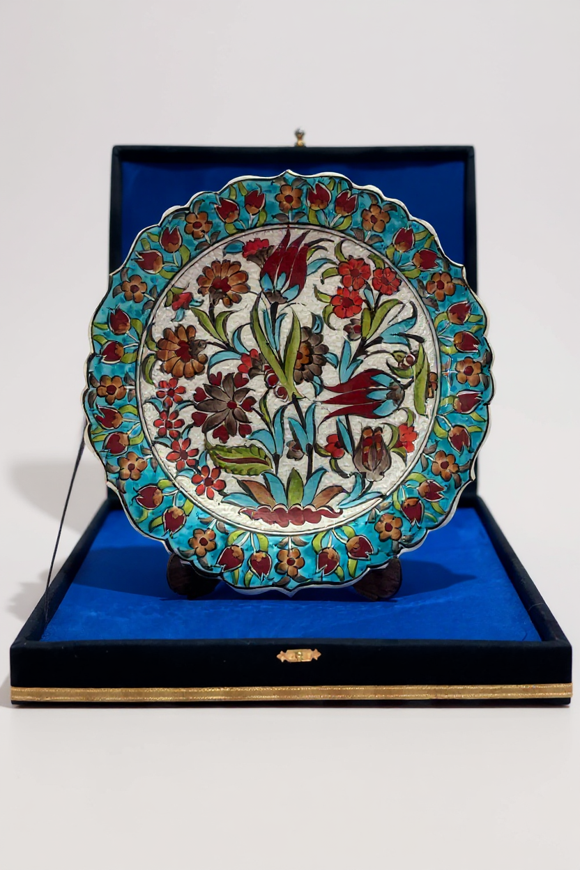 Kadife Kutulu El Yapımı Özel Samur İşçiliği 30Cm Turkuaz Çini Tabak