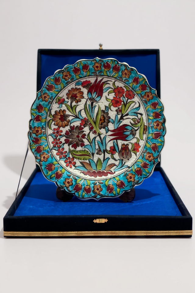 Kadife Kutulu El Yapımı Özel Samur İşçiliği 30Cm Turkuaz Çini Tabak