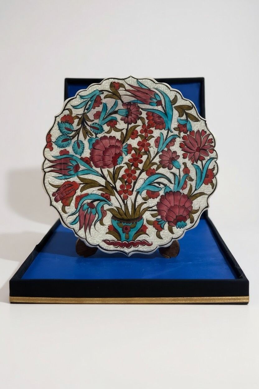 Kadife Kutulu El Yapımı 30Cm Özel Samur İşçiliği Pembe - Turkuaz Çini Tabak