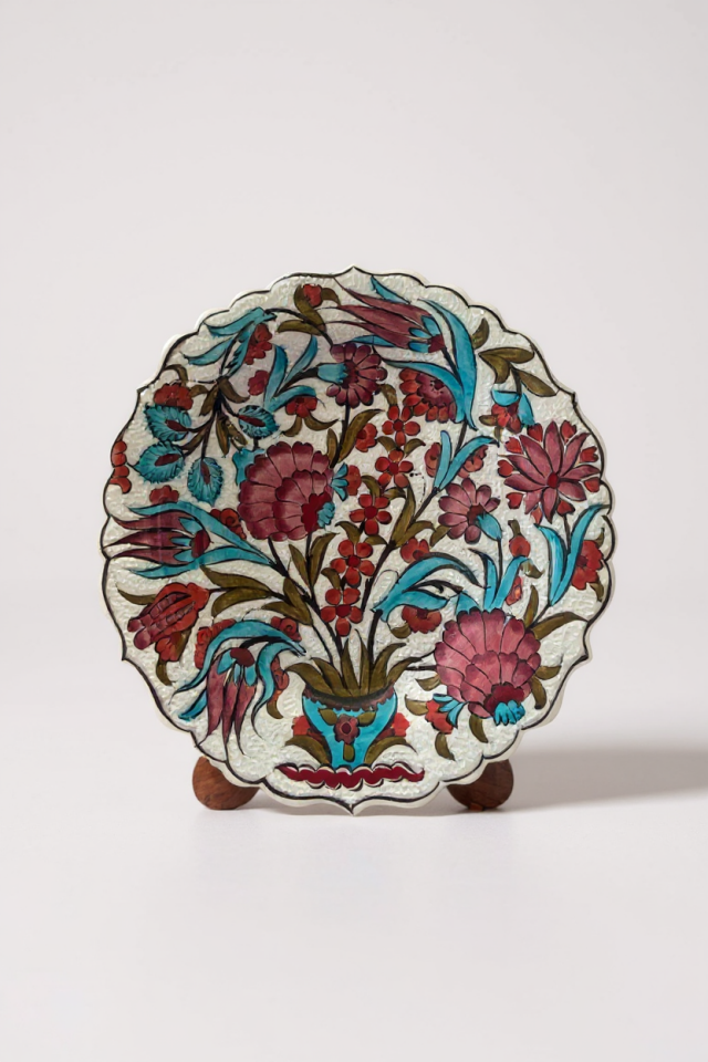 Kadife Kutulu El Yapımı 30Cm Özel Samur İşçiliği Pembe - Turkuaz Çini Tabak