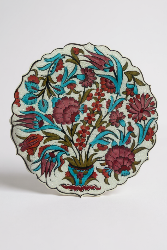 Kadife Kutulu El Yapımı 30Cm Özel Samur İşçiliği Pembe - Turkuaz Çini Tabak