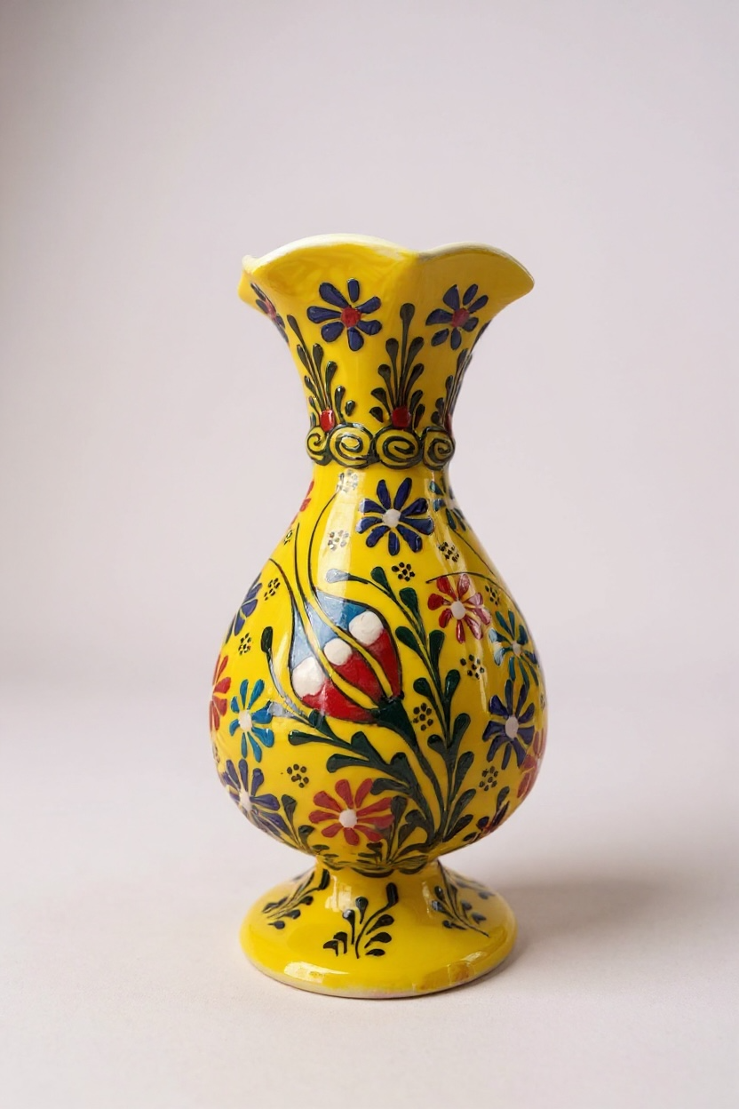 El Yapımı 20Cm Kabartma ve Dantel İşçiliği Lale Motifli Sarı Sümbül Çini Vazo