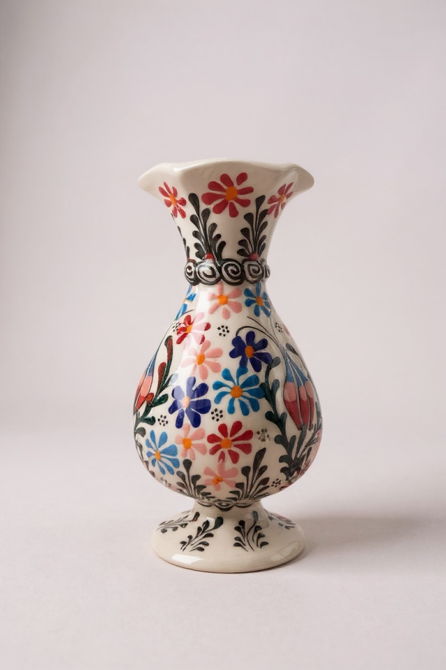 El Yapımı 20Cm Kabartma ve Dantel İşçiliği Lale Motifli Beyaz Sümbül Çini Vazo