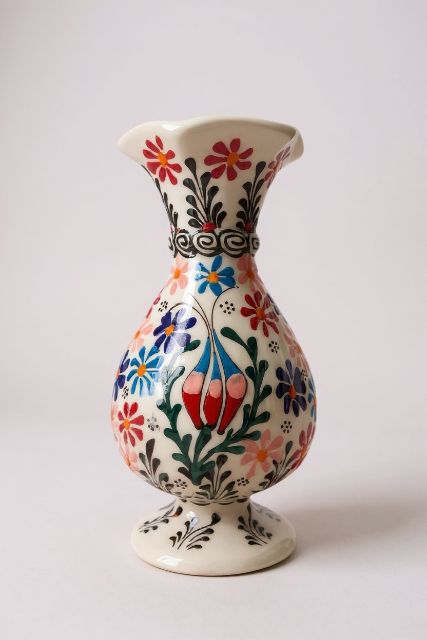 El Yapımı 20Cm Kabartma ve Dantel İşçiliği Lale Motifli Beyaz Sümbül Çini Vazo