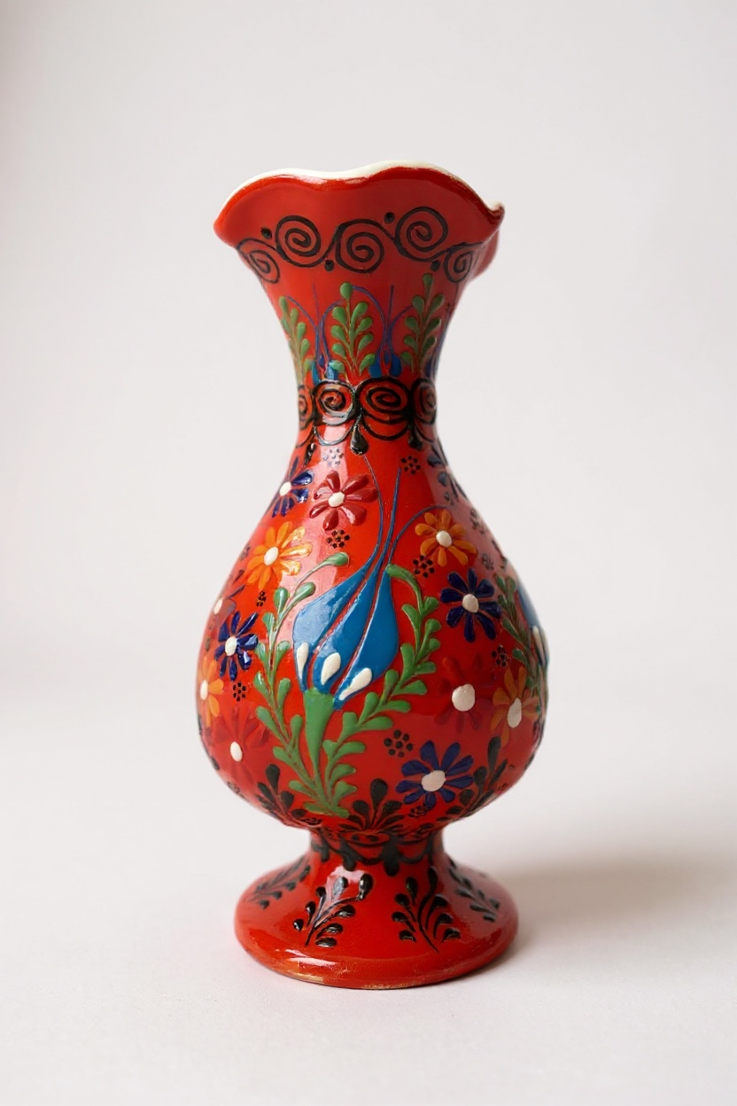 El Yapımı 20Cm Kabartma ve Dantel İşçiliği Lale Motifli Kırmızı Sümbül Çini Vazo