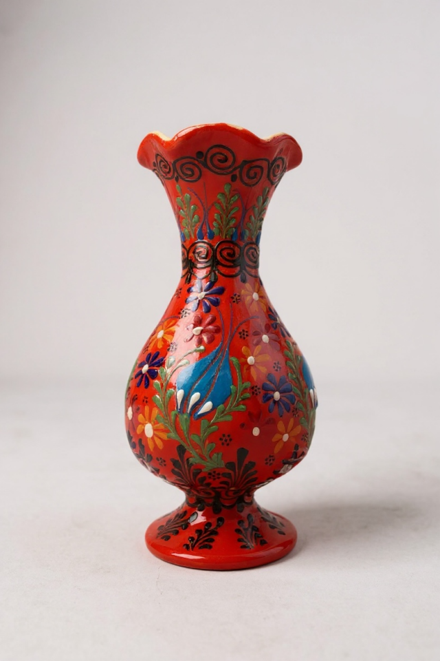 El Yapımı 20Cm Kabartma ve Dantel İşçiliği Lale Motifli Kırmızı Sümbül Çini Vazo