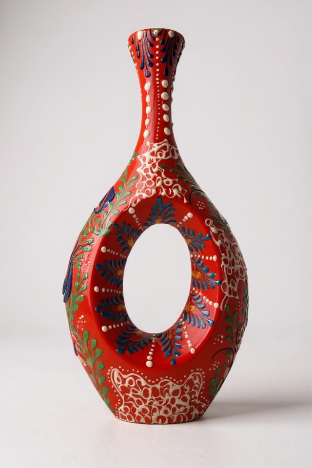 El Yapımı 32Cm Kabartma ve Dantel İşçiliği Turuncu Bohem Hitit Çini Vazo