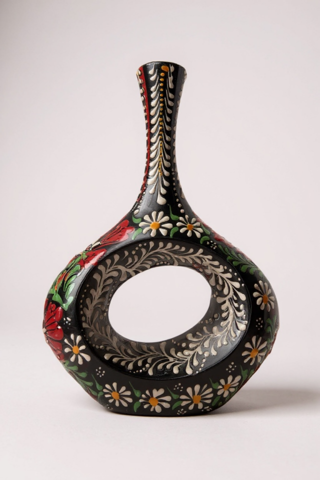 El Yapımı 28Cm Kabartma ve Dantel İşçiliği Siyah İskandinav Çini Vazo