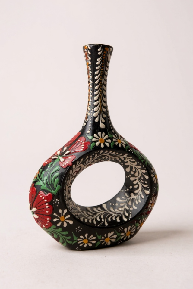 El Yapımı 28Cm Kabartma ve Dantel İşçiliği Siyah İskandinav Çini Vazo