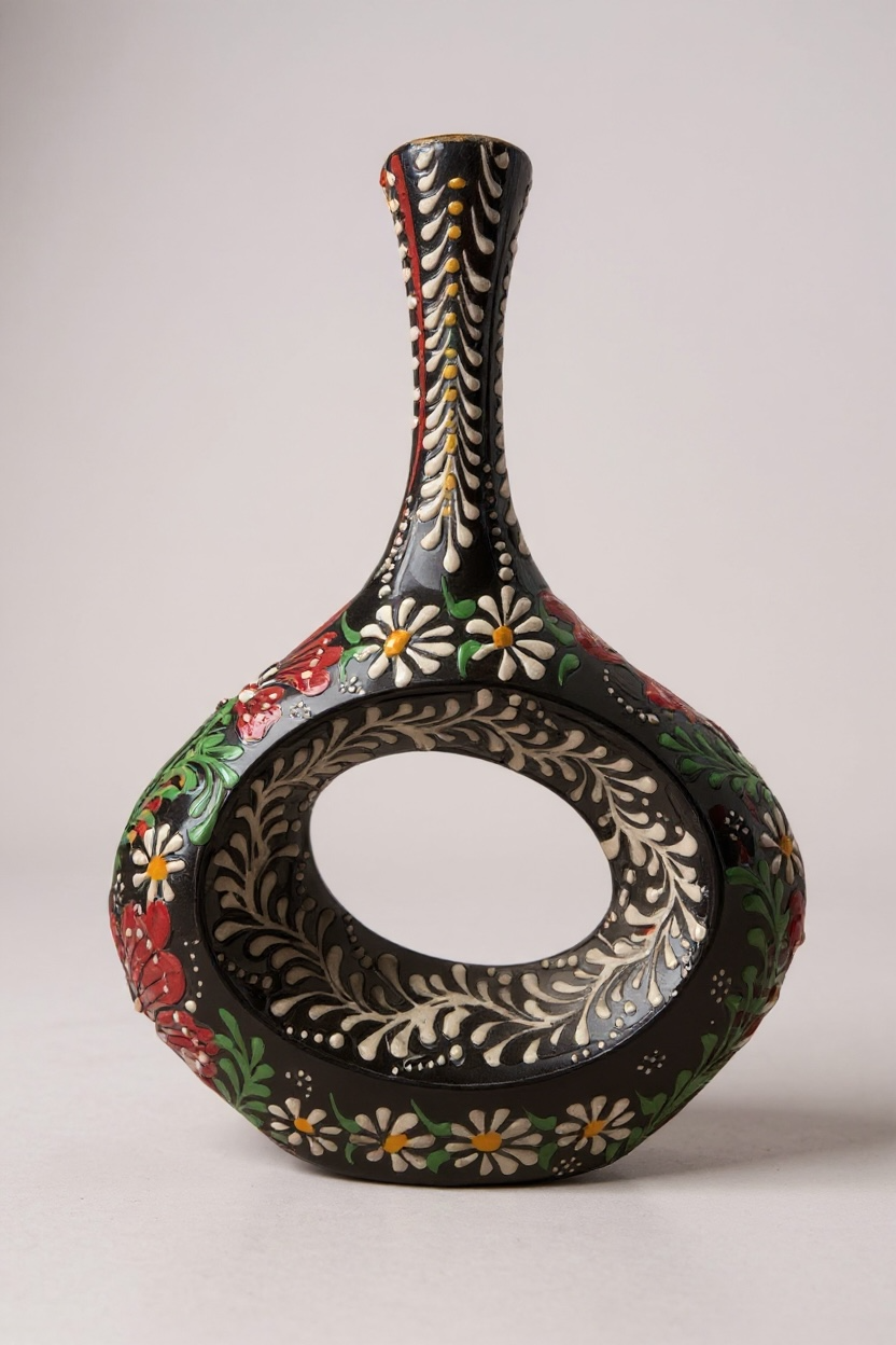 El Yapımı 28Cm Kabartma ve Dantel İşçiliği Siyah İskandinav Çini Vazo