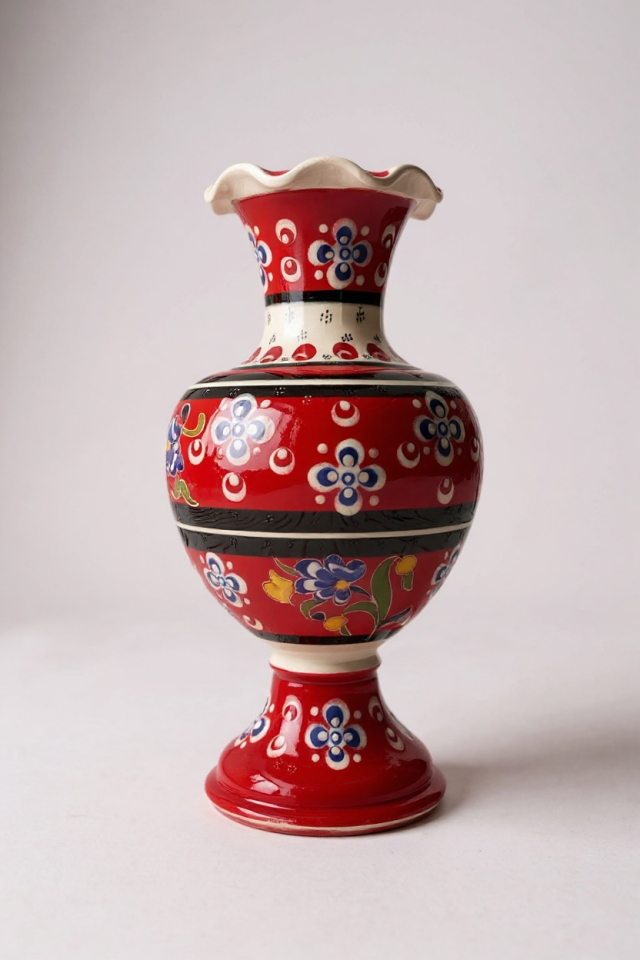 El Yapımı Dantel İşçiliği Çark İşi 25Cm Kırmızı Elhamra Çini Vazo