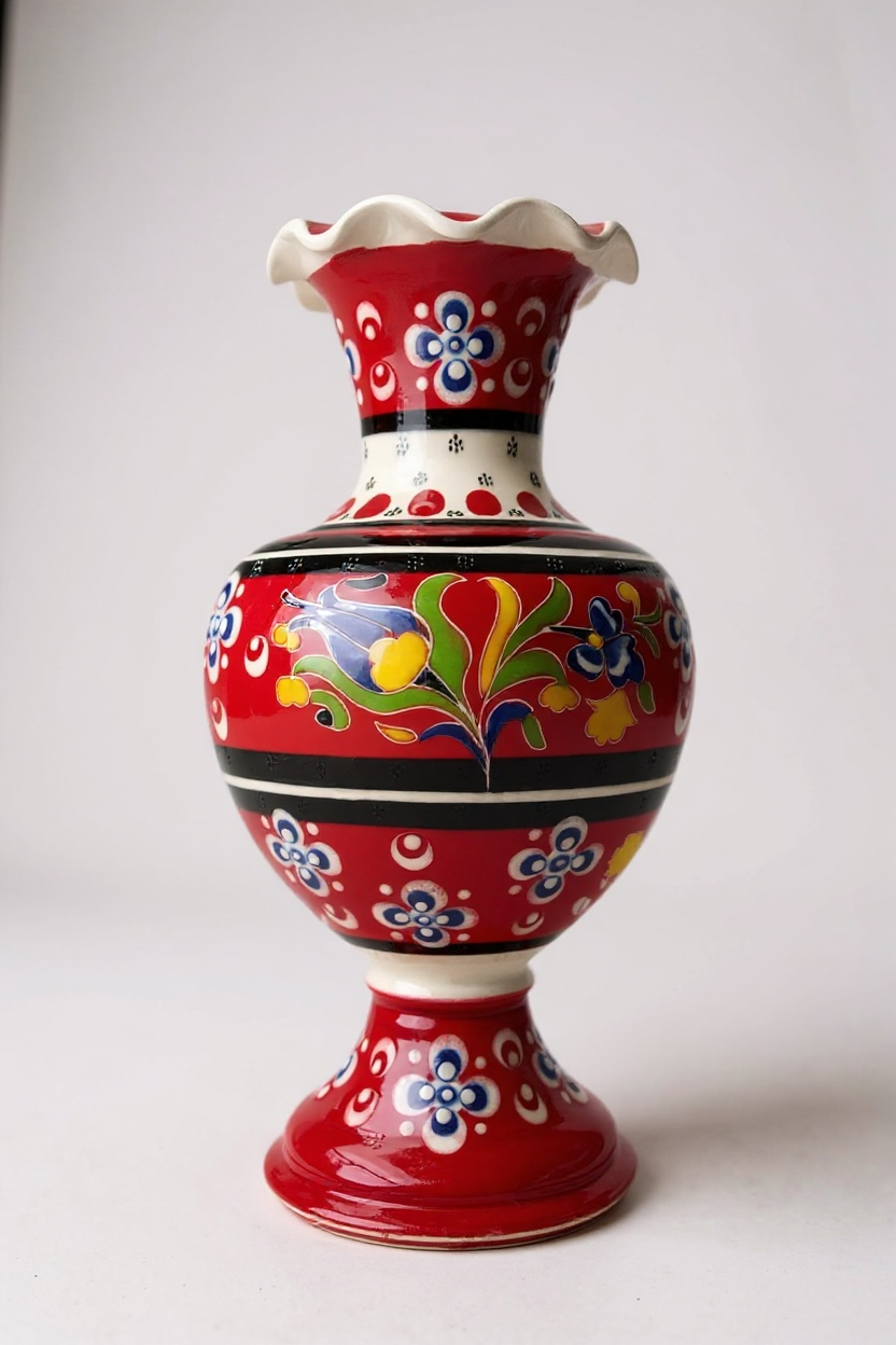 El Yapımı Dantel İşçiliği Çark İşi 25Cm Kırmızı Elhamra Çini Vazo