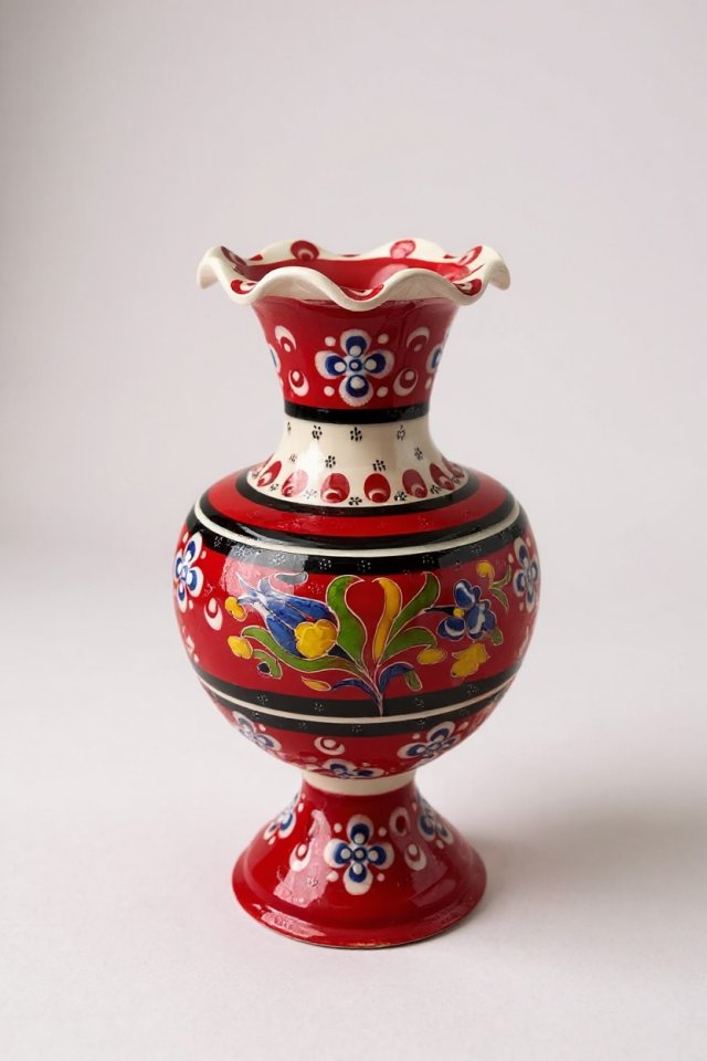 El Yapımı Dantel İşçiliği Çark İşi 25Cm Kırmızı Elhamra Çini Vazo
