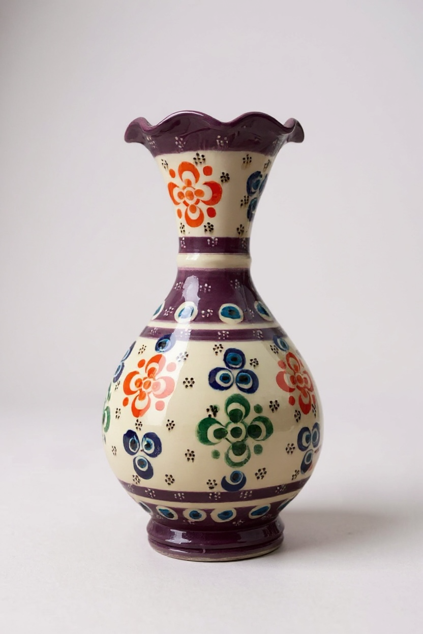 El Yapımı Çark İşi 20Cm Dantel İşçiliği Mor İnce Rölyefli Çini Vazo