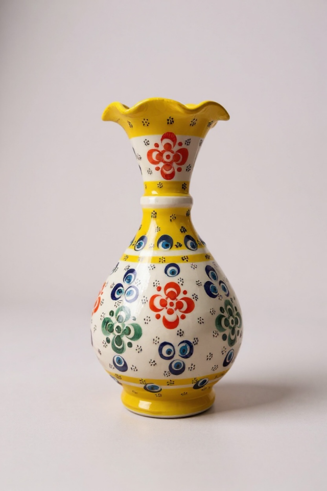 El Yapımı Çark İşi 20Cm Dantel İşçiliği Sarı İnce Rölyefli Çini Vazo