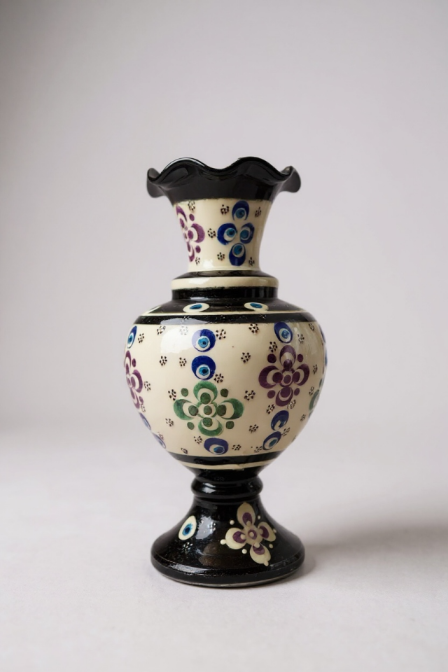 El Yapımı Çark İşi 20Cm Dantel İşçiliği Siyah Elhamra Çini Vazo