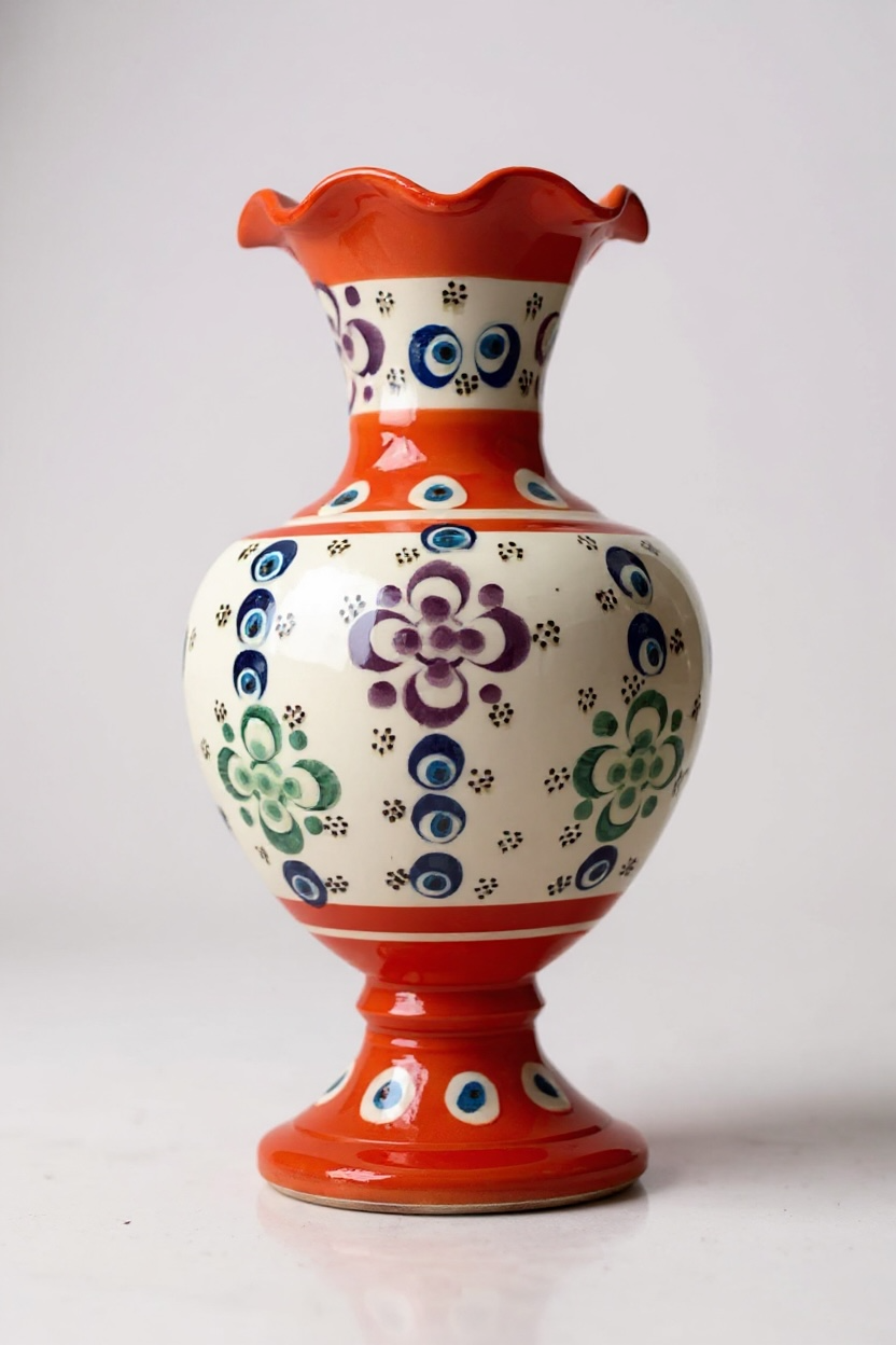 El Yapımı Çark İşi 20Cm Dantel İşçiliği Turuncu Elhamra Çini Vazo