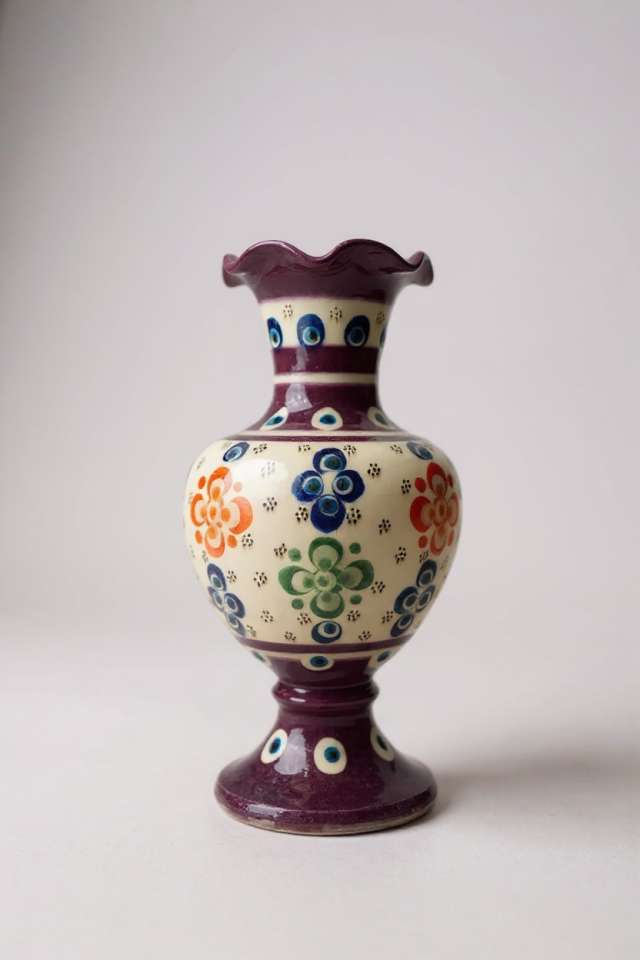 El Yapımı Çark İşi 20Cm Dantel İşçiliği Mor Elhamra Çini Vazo