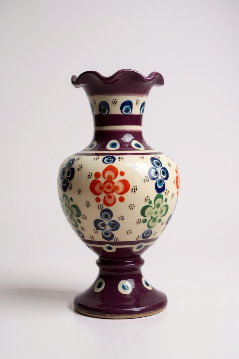 El Yapımı Çark İşi 20Cm Dantel İşçiliği Mor Elhamra Çini Vazo
