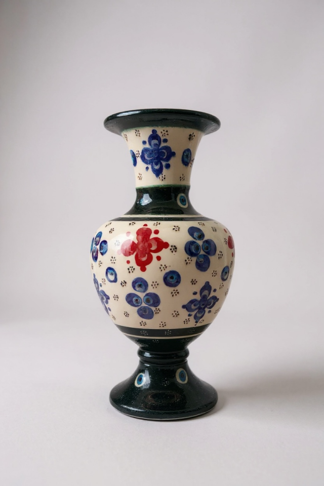 El Yapımı Çark İşi 20Cm Dantel İşçiliği Koyu Yeşil Elhamra Çini Vazo