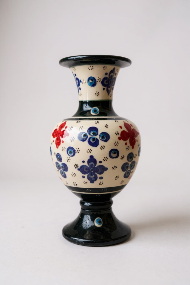 El Yapımı Çark İşi 20Cm Dantel İşçiliği Koyu Yeşil Elhamra Çini Vazo