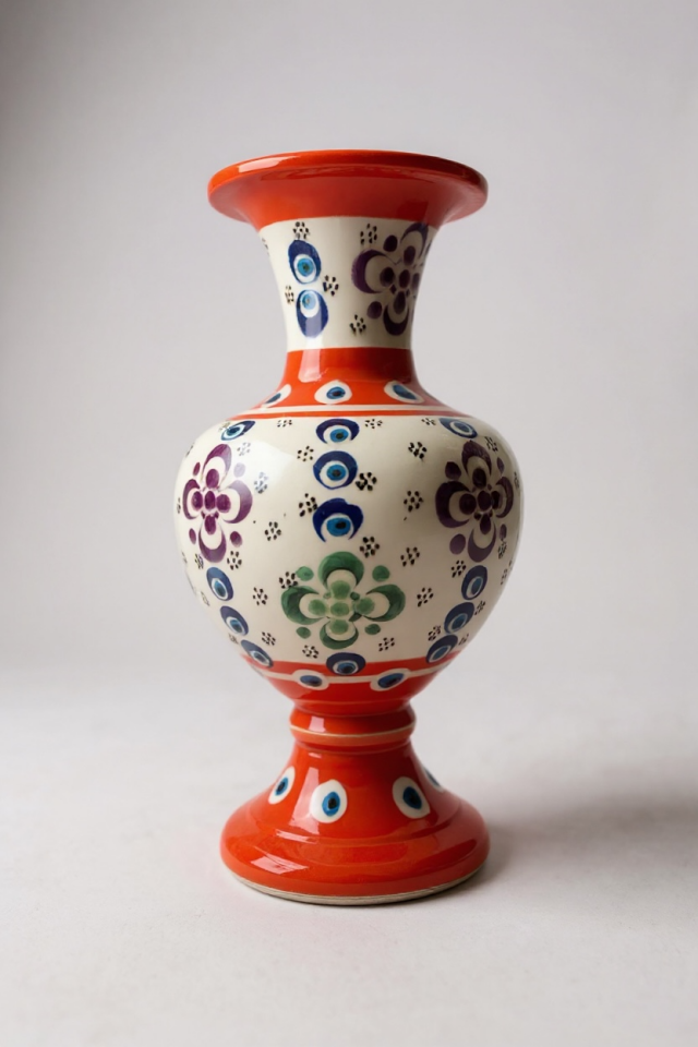 El Yapımı Çark İşi 20Cm Dantel İşçiliği Turuncu Elhamra Çini Vazo