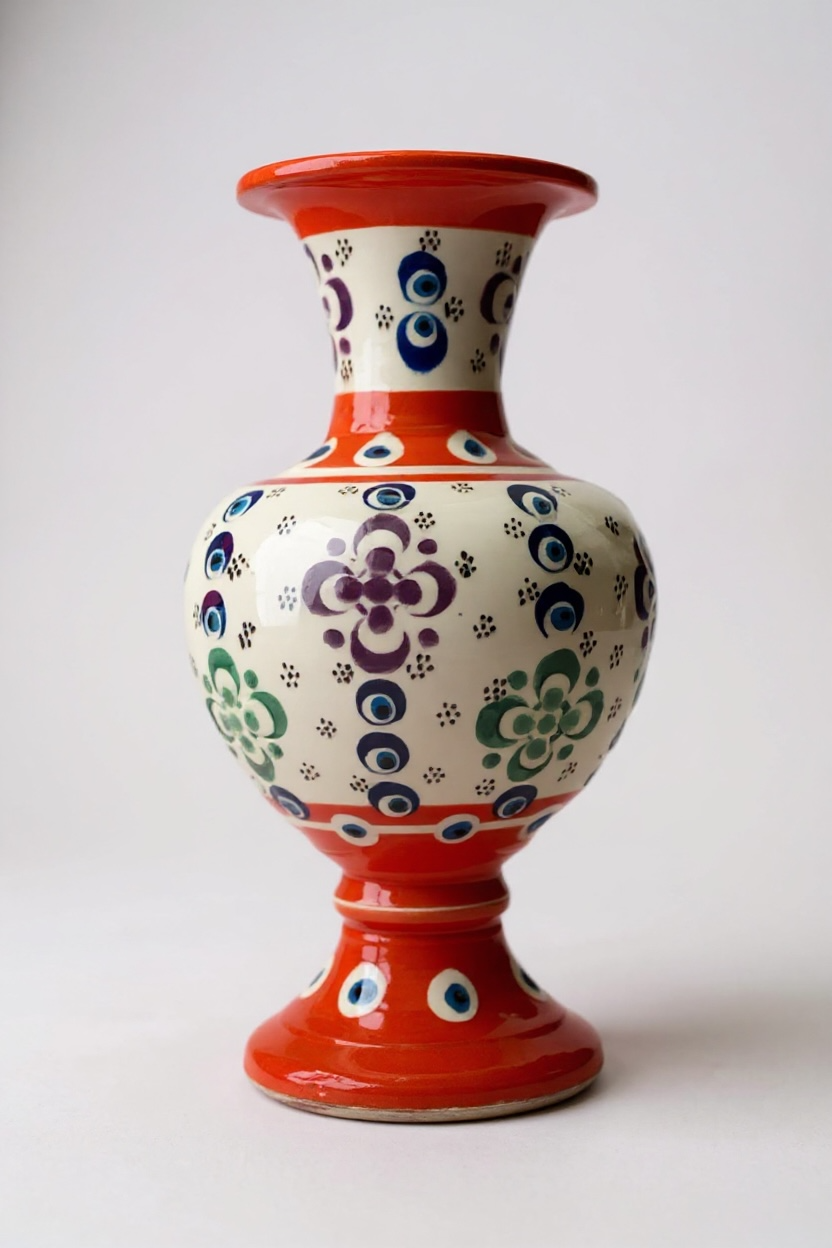 El Yapımı Çark İşi 20Cm Dantel İşçiliği Turuncu Elhamra Çini Vazo