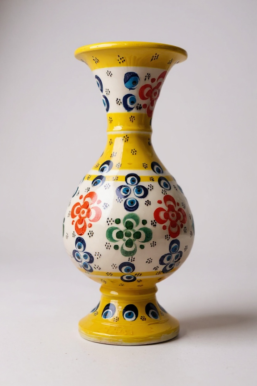 El Yapımı Çark İşi 20Cm Dantel İşçiliği Sarı Sümbül Çini Vazo