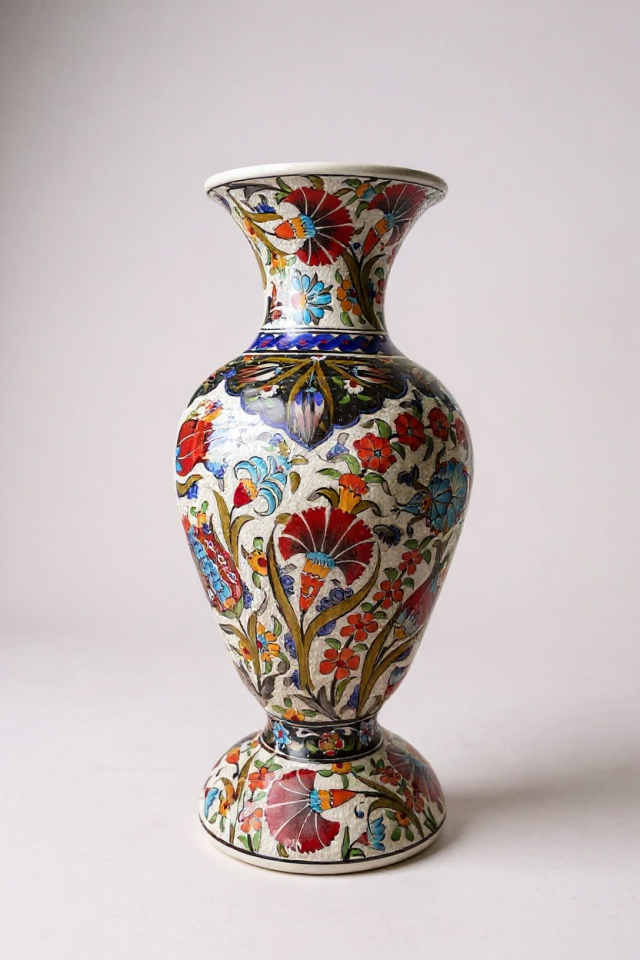 El Yapımı Özel Samur İşçiliği 50Cm Elhamra Model Çini Vazo – Koleksiyonluk Dekoratif Sanat Eseri